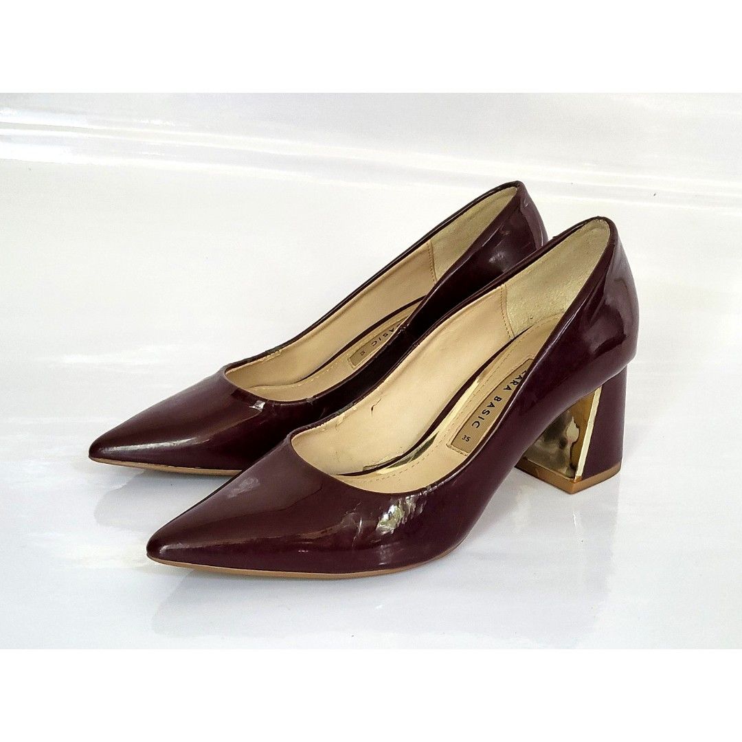Zara Basic Pump in Maroon Patent Chunky Heels 35 Shoes only Authentic