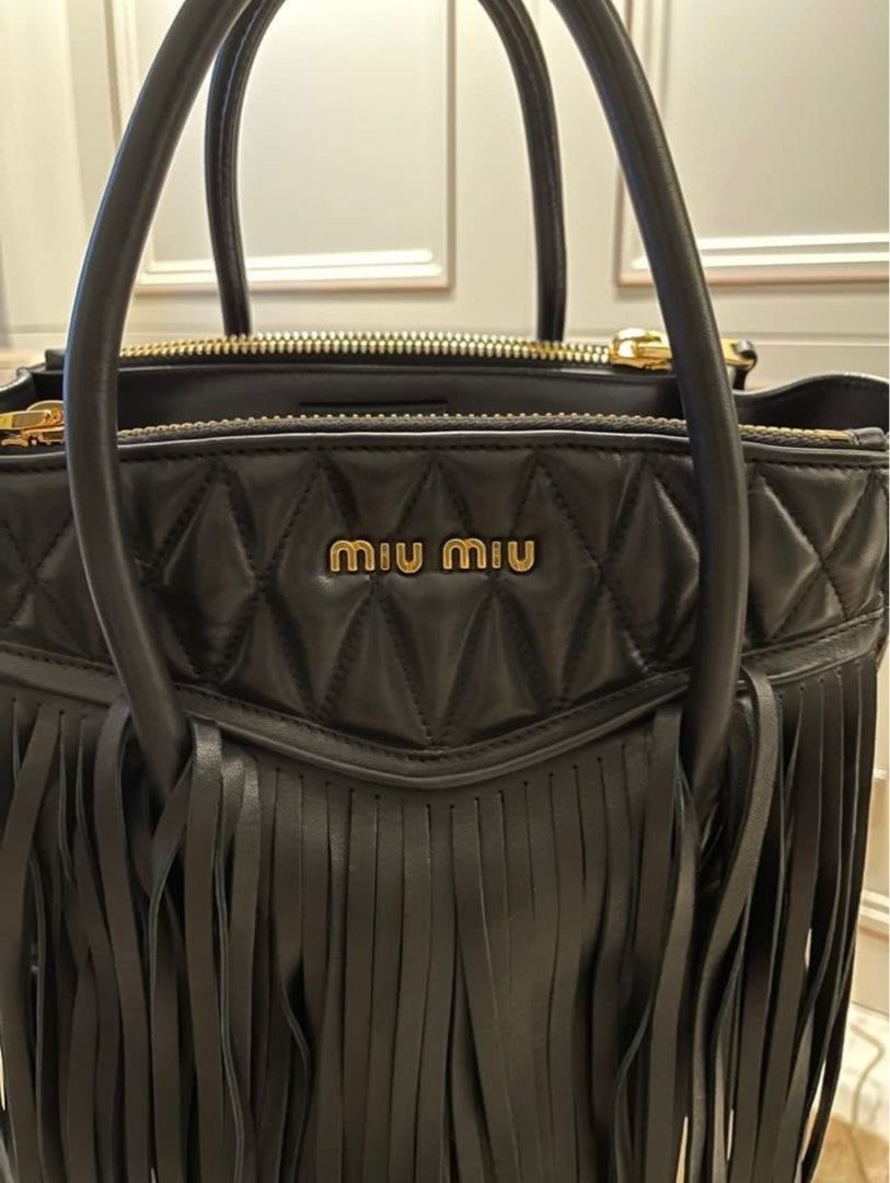 Authentic Miu Miu Biker with Fringe Shoulder Bag in Black Nappa Leather