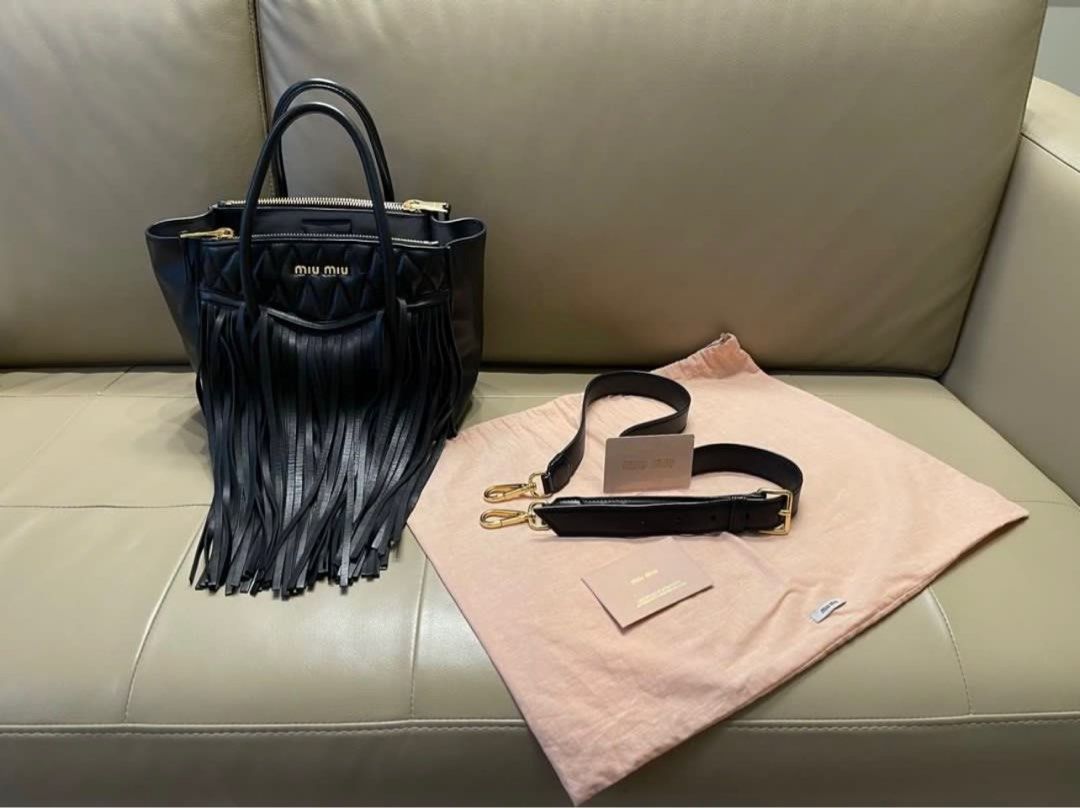 Authentic Miu Miu Biker with Fringe Shoulder Bag in Black Nappa Leather