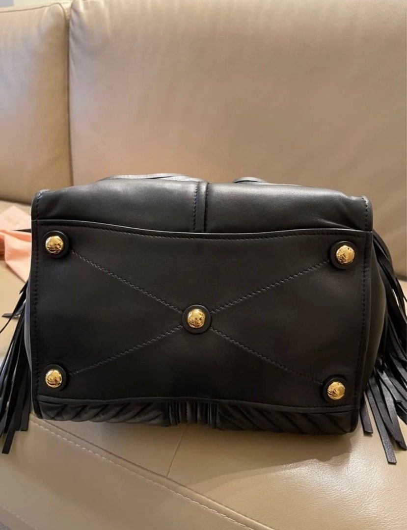 Authentic Miu Miu Biker with Fringe Shoulder Bag in Black Nappa Leather