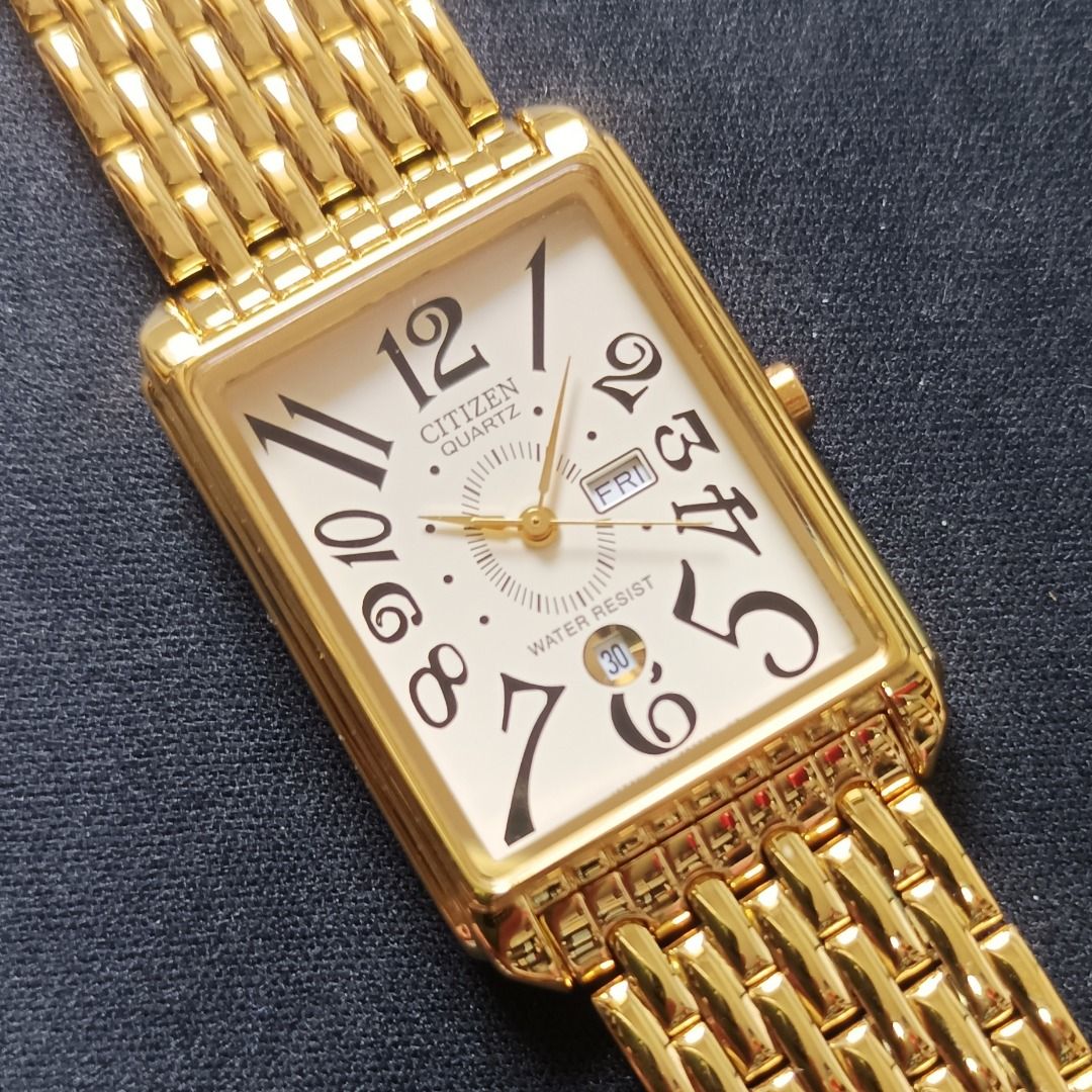 Brand New Vintage Citizen Tank Watch Gold Tone Quartz Day Date Ultra Slim