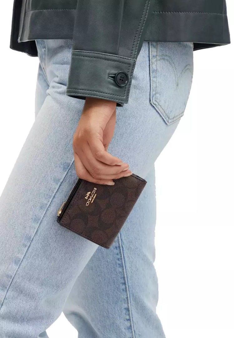 Coach Original Signature Dark Brown / Khaki White Bifold Wallet For