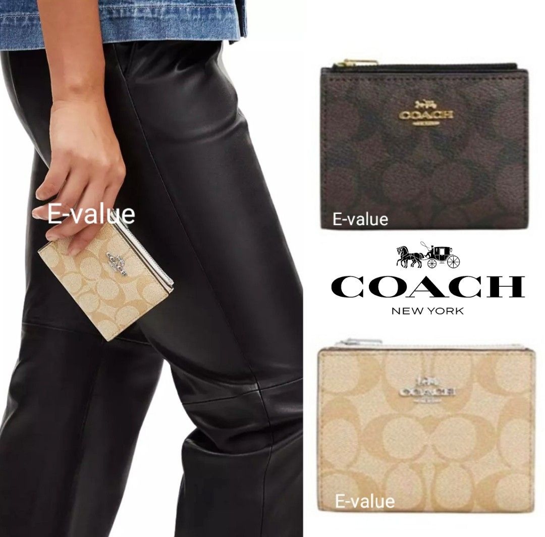 Coach Original Signature Dark Brown / Khaki White Bifold Wallet For