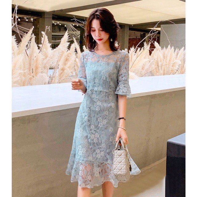 Dress lace brokat blue dusty Fesyen Wanita Pakaian Wanita Gaun Rok di Carousell