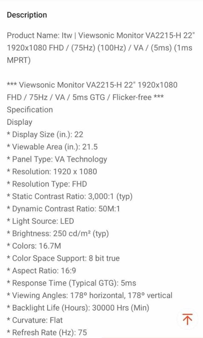VIEWSONIC MONITOR '22 (Category: Monitor Screens) located in Alaminos. Submitted by Krystalenee (Listing ID 1328250205, Image 3). Description: VIEWSONIC MONITOR '22 📌Selling Price : 3,500 Orig. Price: 4699 New, nakabox pa Specs nasa picture Loc: Alaminos Laguna.