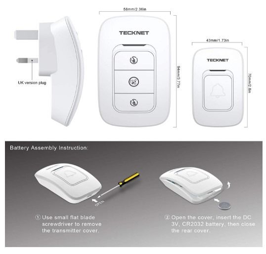 Wireless Doorbell Kit Tecknet - 1 Push & 2 Receiver , Waterproof , 38 ...