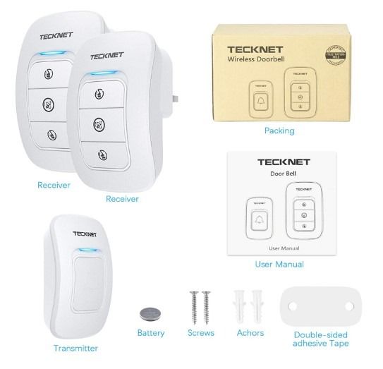 Wireless Doorbell Kit Tecknet - 1 Push & 2 Receiver , Waterproof , 38 ...