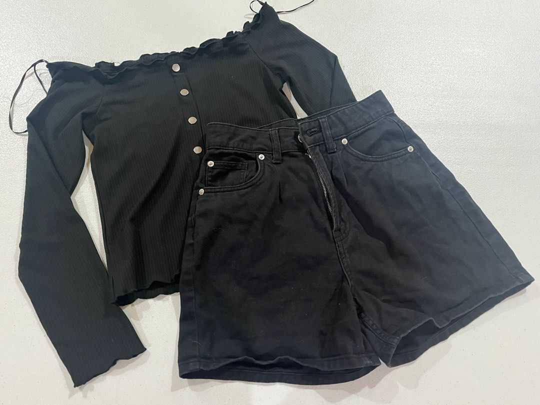 BUNDLE tumblr girl all black set longsleeve off shoulder high waisted flattering shorts Women s Fashion Dresses Sets Sets or Coordinates on Carousell
