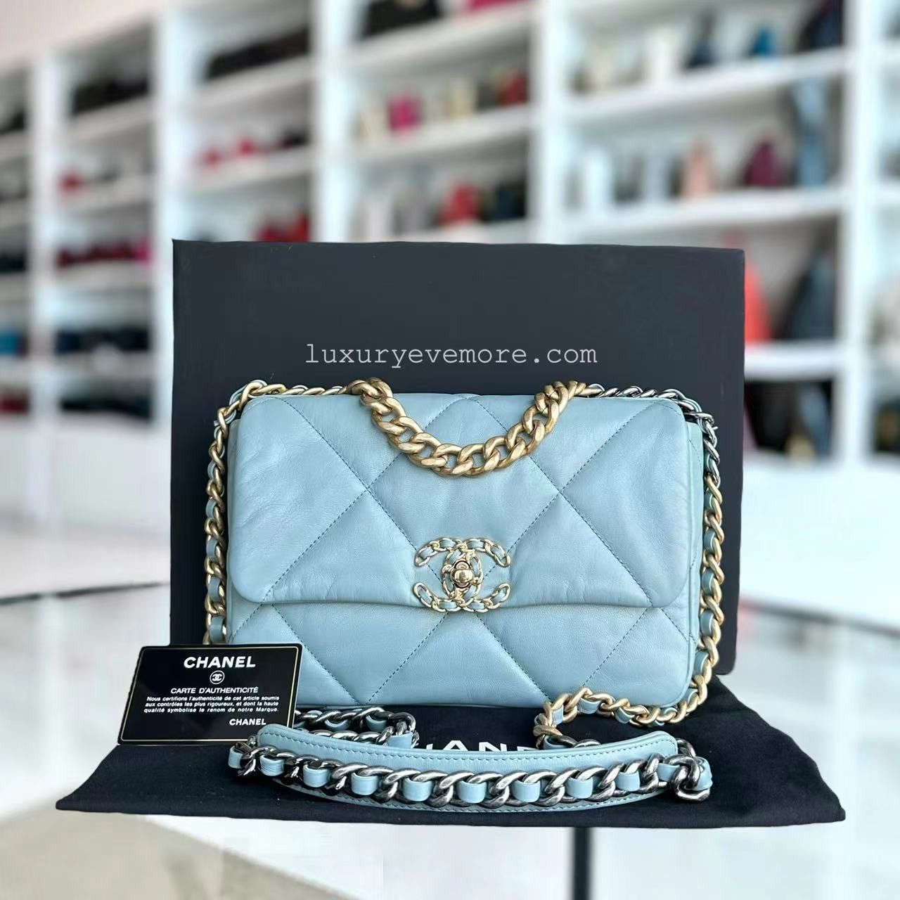 Chanel C19 Small 19 Bag Quilted Goatskin Light Blue Two Tone Hardware Series 30 Luxury Bags Wallets on Carousell