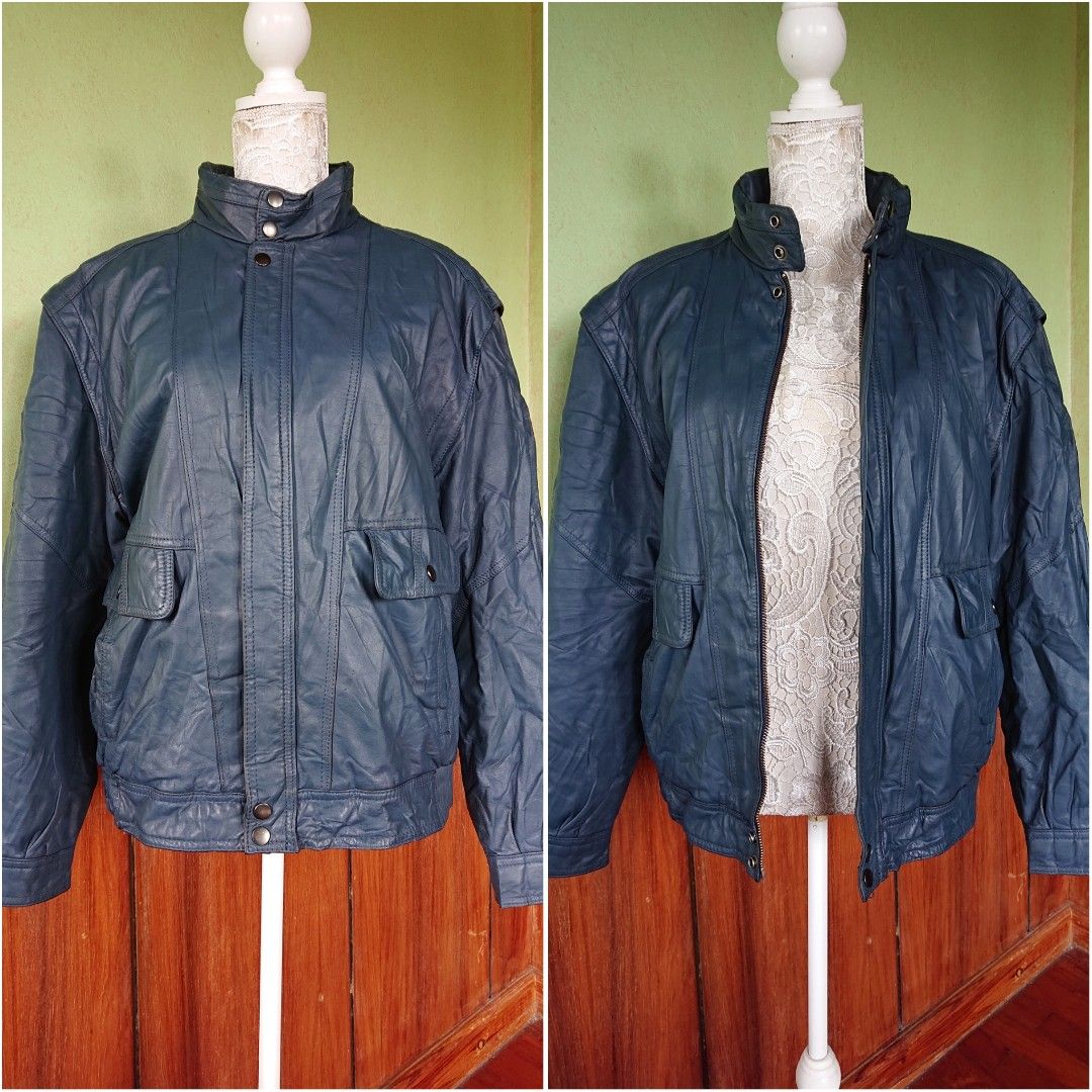 CLUB INTERNATIONAL /size 40 MEN GENUINE LEATHER JACKET WINTER BLUE GRAY ...