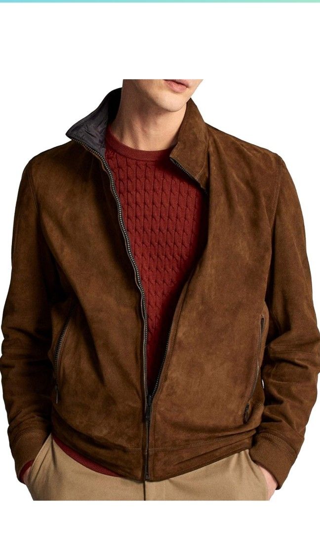Massimo Dutti Men s Reversible Suede Leather Bomber Jacket with Hood