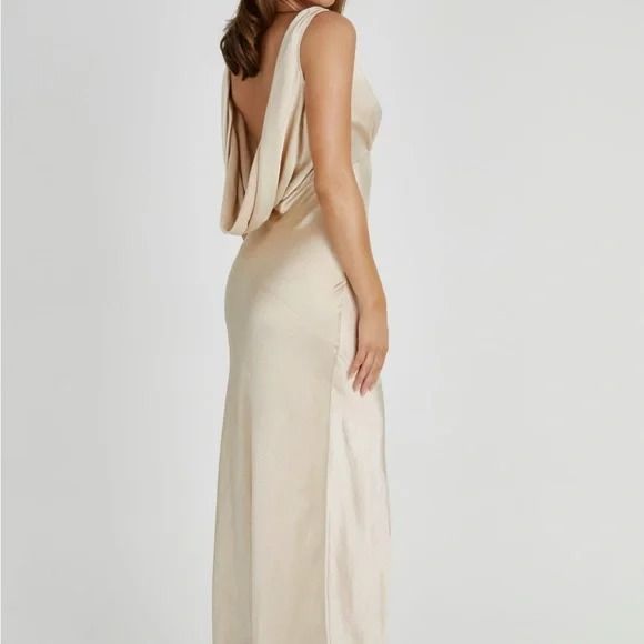 MESHKI Nadia Maxi Satin Dress With Back Cowl Gold Size Medium