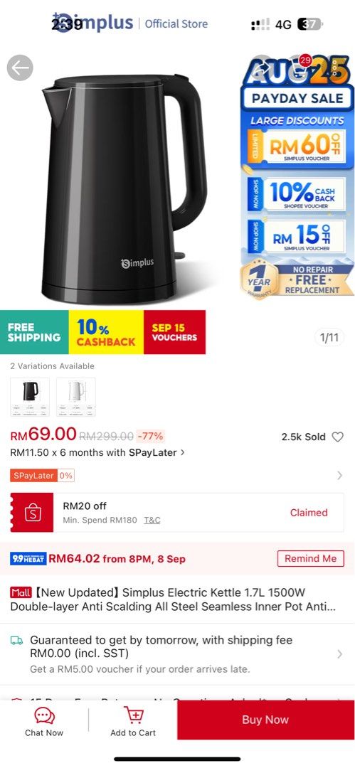 Simplus kettle (Category: Kettles & Airpots) located in Petaling Jaya. Submitted by ysl1288 (Listing ID 1323517719, Image 1). Description: New from free gift Selling fast Collect ara damansara.