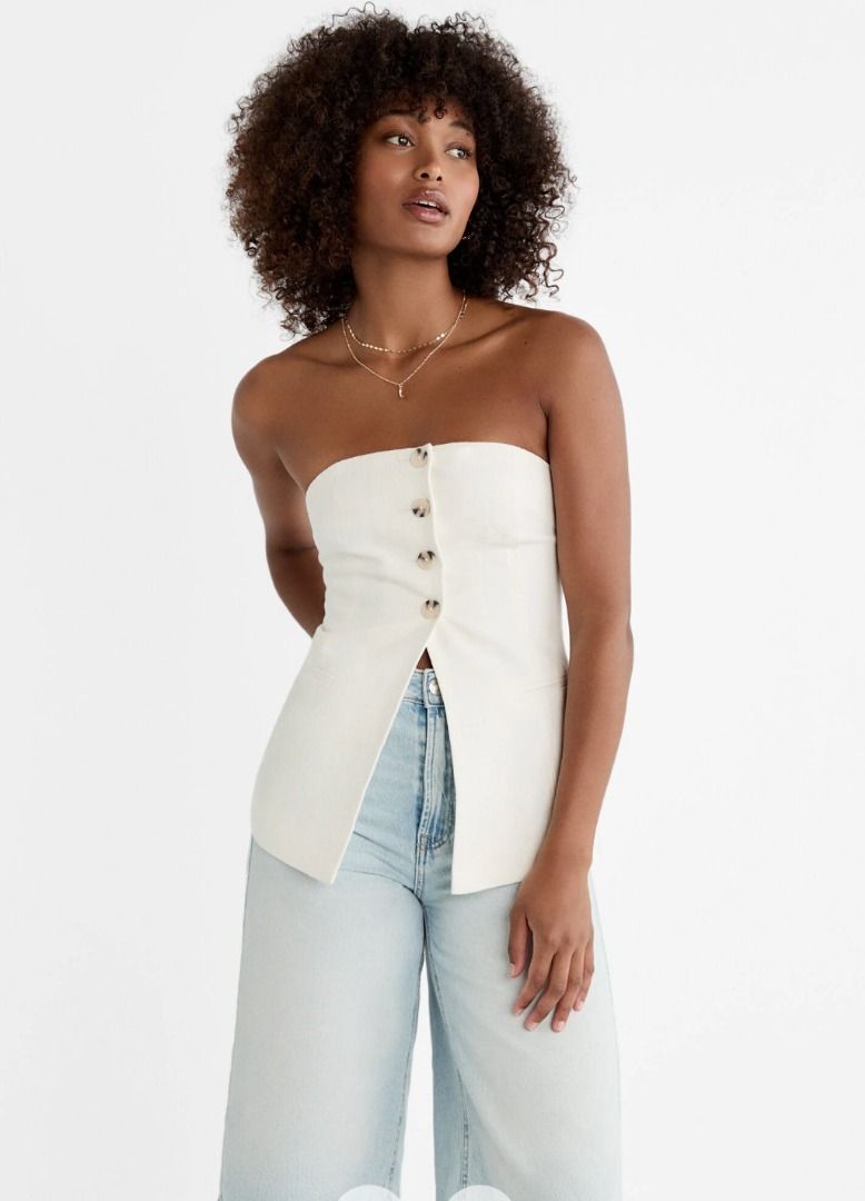 Stradivarius Buttoned bustier top Ecru S, Women's Fashion, Tops