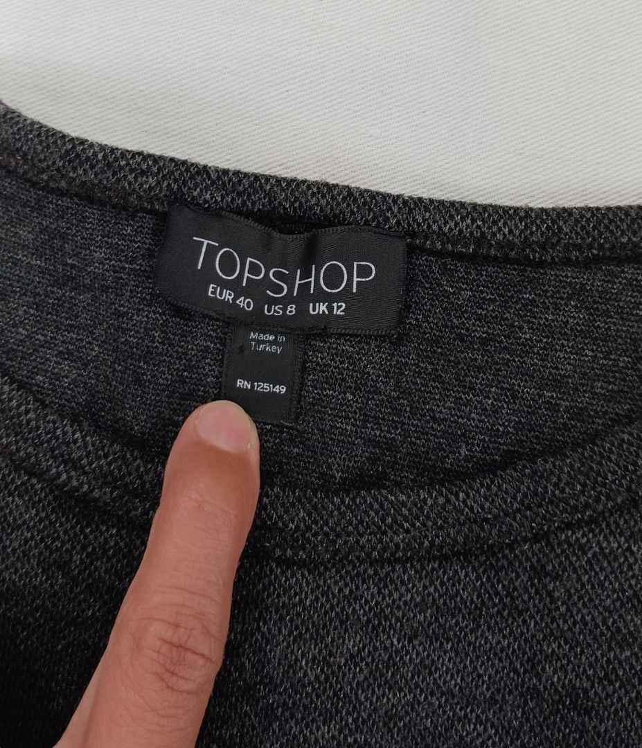 Topshop dark gray dress (Category: Dresses) located in Quezon City. Submitted by amitchy (Listing ID 1323580635, Image 3). Description: pre-loved topshop dress hugs body, stretch material length: 29.5 inches width flat lay: 13 inches size on tag: eu 40 / us 8 / uk 12 120pesos + shipping fee click on my profile for more pre-loved stuff.