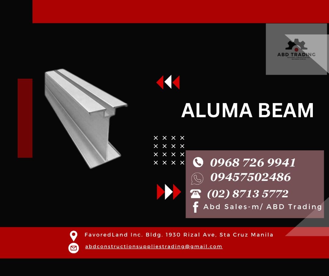 ALUMA BEAM (Category: Construction Tools & Equipment) located in Manila. Submitted by _abdtrading (Listing ID 1328319063, Image 1). Description: ALUMA BEAM SIZE: 122X 75 X 6 METER ABD CONSTRUCTION SUPPLIES TRADING Price is subject to change without prior notice DTI Registred & BIR Accredited -🛠️Machinery -🛠️ Tools -🛠️ Electrical -🛠️ Industrial & Construction -🛠️ Fittings -🛠️ Personal Protective Equipment 🛵 Pick up & Delivery Office address