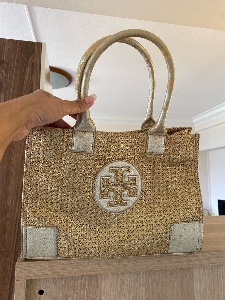 Tory burch ella metallic straw tote outlet
