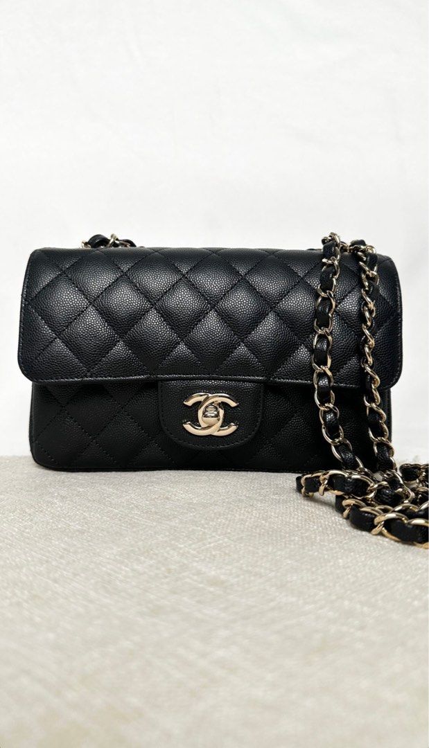 Chanel mini rectangular caviar (Category: Bags & Wallets) located in Singapore. Submitted by shelterme (Listing ID 1328294470, Image 1). Description: Discontinued since 2018. Exterior: excellent condition (close to brand new), with a well-maintained structure, clean corners and base Interior: clean, no stains or smell Accessories: full set with box, dust bag, authenticity card (series 23) & entrupy cert.