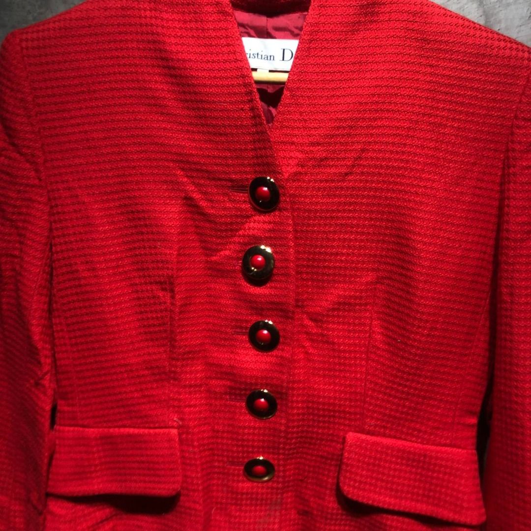 Christian Dior Tweed Blazer (Category: Luxury Apparel) located in Quezon City. Submitted by johnpaulperezzz (Listing ID 1328336127, Image 2). Description: NAME: Christian Dior Tweed Blazer COLOR: Red SIZE: Medium on tag FIT: Small Dimension: Width: 18 Length: 22 Shoulder: 16 Sleeves: 23 Hem: 19 CONDITION: 9/10 ISSUE: -none PRICE: 8k .