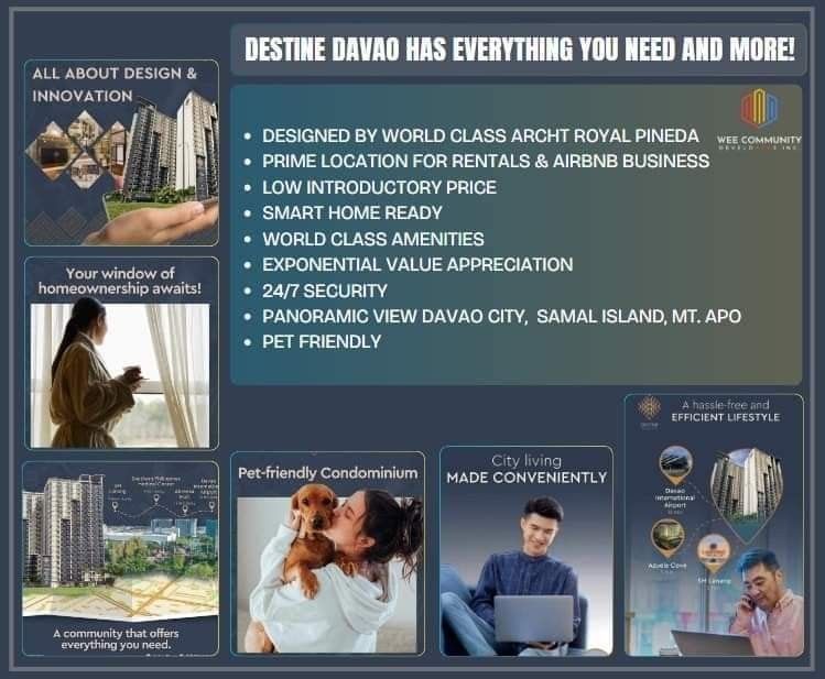 Destine Davao Condominium (Category: Apartments & Condos) located in Manila. Submitted by rosemarieb26059 (Listing ID 1328418263, Image 1). Description: DESTINE DAVAO CONDOMINIUM Available UNITS: 📍STUDIO UNIT! 📍1BEDROOM UNIT 📍COMBINE UNIT Payment Scheme: Reservation Fee : ₱20,000 Monthly Downpayment starts at : ₱6500***- STUDIO Monthly Downpayment starts at : ₱12,000*** - 1BR 👉Located at JP LAUREL AVENUE BAJADA DAVAO CITY BESIDE SM LANANG PRE