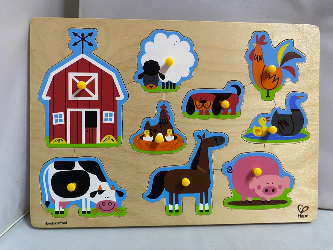 Hape Farm Animals Toddler Wooden Peg Puzzle, Hobbies & Toys, Toys