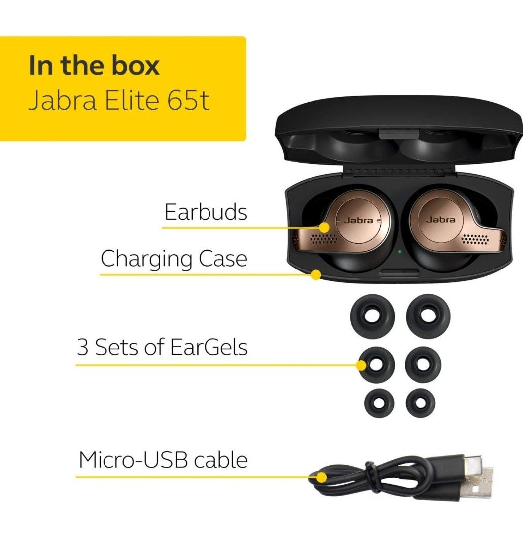 Jabra Elite 65t - Copper Black TW (Category: Earphones) located in Pasig City. Submitted by JRisEn (Listing ID 1328337895, Image 2). Description: Jabra Elite 65t - Copper Black. One of the best sounding earphones and bass out there. True Wireless, Free Silicon Case. Complete with Box, Manual and Cables. Like New..