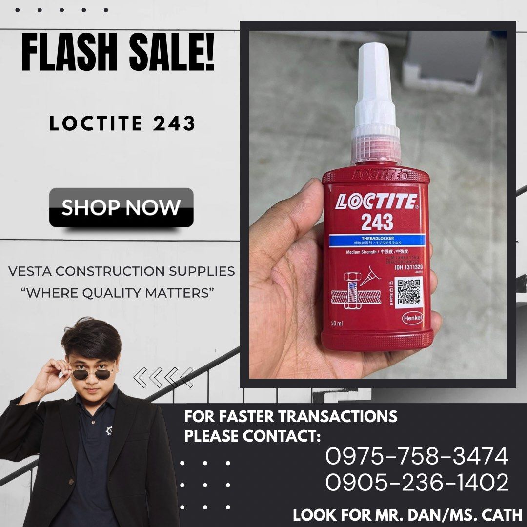 Loctite 243 (Category: Construction Tools & Equipment) located in Manila. Submitted by imdanpaolo10 (Listing ID 1328395515, Image 1). Description: FLASH SALE!! Loctite 243 For faster transaction please contact: Look for Mr. Dan/Ms. Cath OPEN FOR DELIVERY! Mode of payments •Bank Transfer •Gcash •Cash MESSAGE US NOW!.