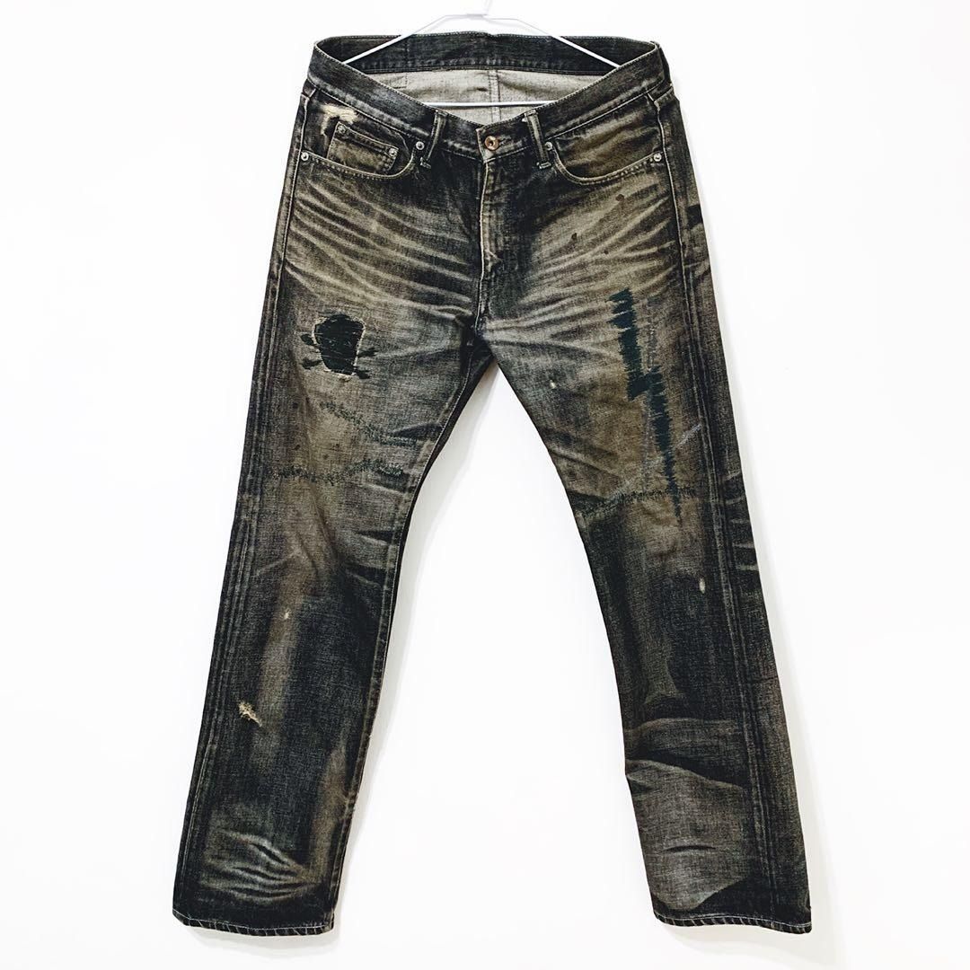 NEIGHBORHOOD 07 FLASH SAVAGE MEDIUM SMALL NBHD JEANS  刀割破壞水洗刷破補丁牛仔褲長褲褲子休閒褲閃電黑桃牛王男版黑色中版S號PNT-M TP0_2409