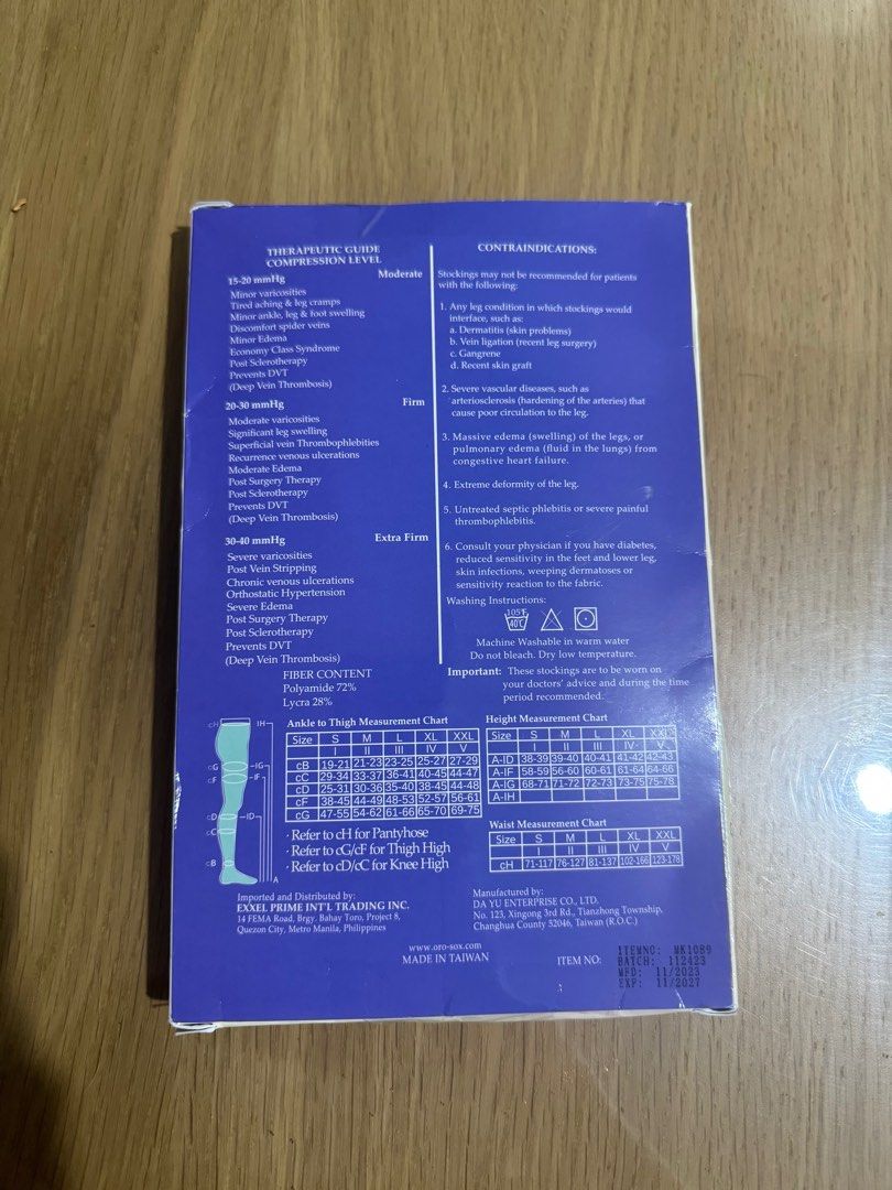 ORO Therapeutic Compression Stockings (Category: Medical Supplies & Tools) located in Manila. Submitted by rox2345 (Listing ID 1328253790, Image 2). Description: ORO MEDICAL Stockings SIZE IS LARGE Fitted only RFS: Wrong Size Bought for 800.
