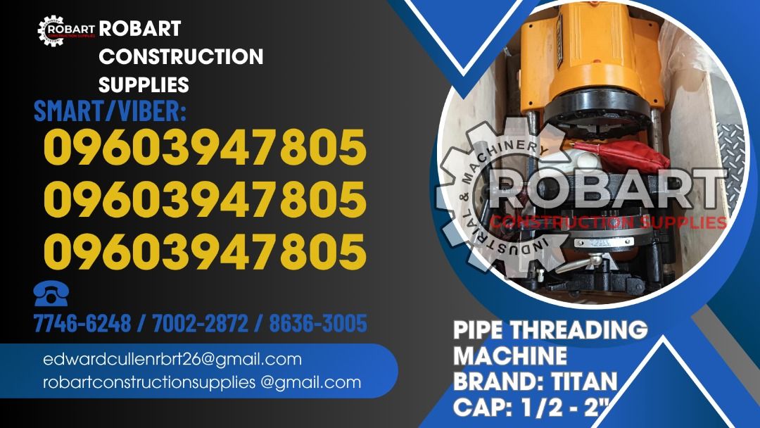 Pipe Threading Machine Brand: Titan Cap: 1/2 - 2" (Category: Construction & Building Materials) located in Manila. Submitted by airenz1426 (Listing ID 1328320616, Image 1). Description: Pipe Threading Machine Brand: Titan Cap: 1/2 - 2 - - 𝑹𝑶𝑩𝑨𝑹𝑻 𝑪𝑶𝑵𝑺𝑻𝑹𝑼𝑪𝑻𝑰𝑶𝑵 𝑺𝑼𝑷𝑷𝑳𝑰𝑬𝑺 Office Address: 1405 Yuseco St. Sta Cruz Manila SEND US MESSAGE FOR INQUIRIES ‼️ ‼️ Smrt - 𝟘𝟡𝟞𝟘𝟛𝟡𝟜𝟟𝟠𝟘𝟝 Vibr - 𝟘𝟡𝟞𝟘𝟛𝟡𝟜𝟟𝟠𝟘𝟝 Glbe - 𝟘𝟡�