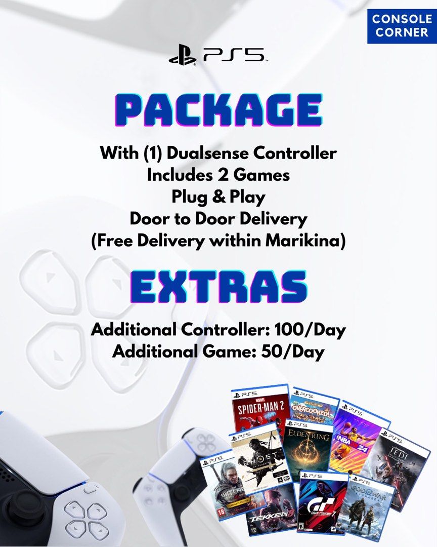 PS5 Slim for Rent (Category: PlayStation) located in Pasig City. Submitted by riusables (Listing ID 1328399867, Image 3). Description: FOR RENT ONLY Why wait to own when you can rent the best? 🎮 Get your hands on the PS5 Slim without the burning your bank. Perfect for parties, weekends, or trying out new releases. 🔥 Home Rental Rates: • 1-2 Days - ₱499/Day • 3-6 Days - ₱449/Day • 7 Days or more - ₱429/Day *Terms and Conditions apply, kindly see