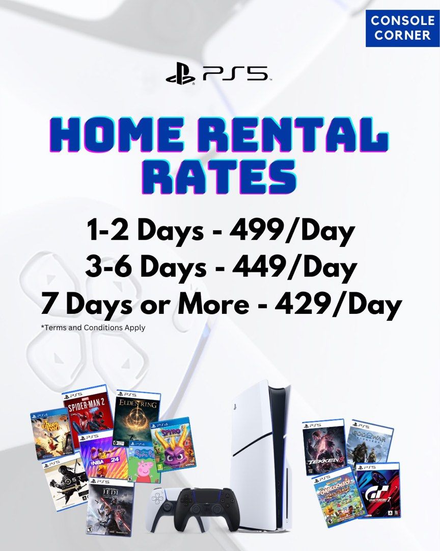 PS5 Slim for Rent (Category: PlayStation) located in Pasig City. Submitted by riusables (Listing ID 1328399867, Image 2). Description: FOR RENT ONLY Why wait to own when you can rent the best? 🎮 Get your hands on the PS5 Slim without the burning your bank. Perfect for parties, weekends, or trying out new releases. 🔥 Home Rental Rates: • 1-2 Days - ₱499/Day • 3-6 Days - ₱449/Day • 7 Days or more - ₱429/Day *Terms and Conditions apply, kindly see