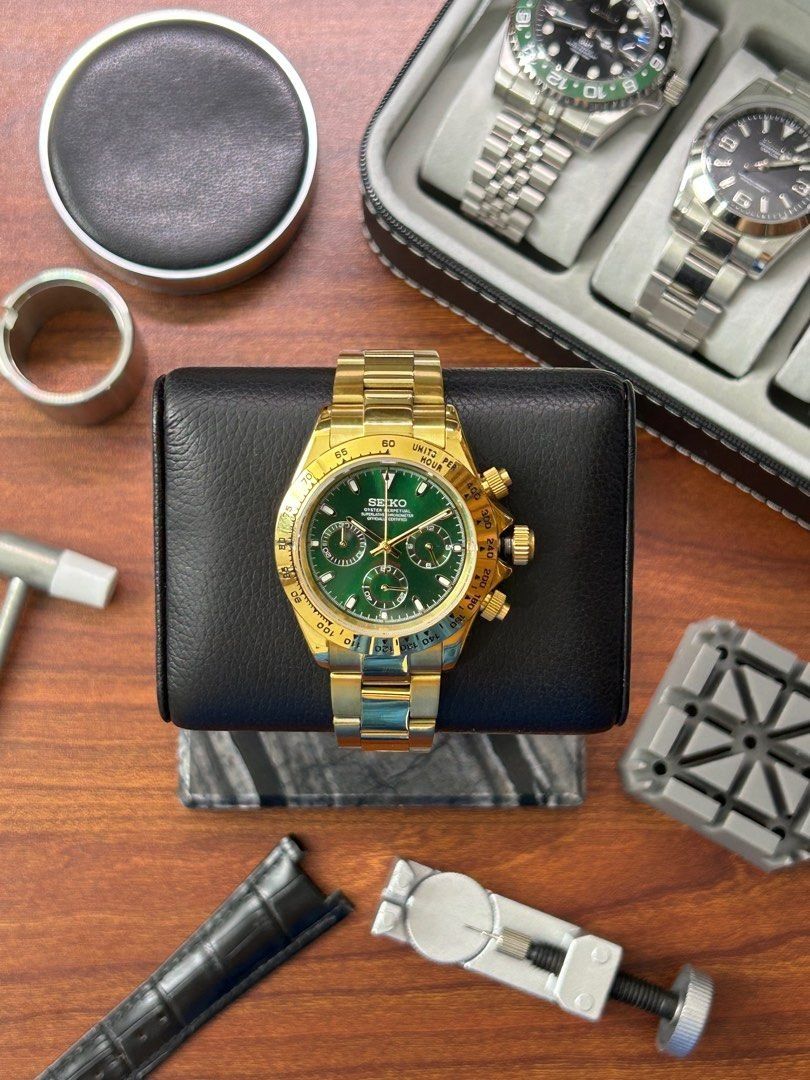 Seiko John Mayer Daytona Watch Seiko Mod (Category: Luxury Watches) located in Quezon City. Submitted by mnl.chll (Listing ID 1328286016, Image 1). Description: Seiko John Mayer Daytona Watch Case: Stainless steel Weight: 120g for comfortable wear Diameter: 40mm, balanced for most wrists Strap: Customizable (OYSTER/JUBILEE) Movement: VK63 Quartz Mode of Payment: BANK/GCASH A ₱2,000 down payment (DP) is required to confirm your order, with the rem