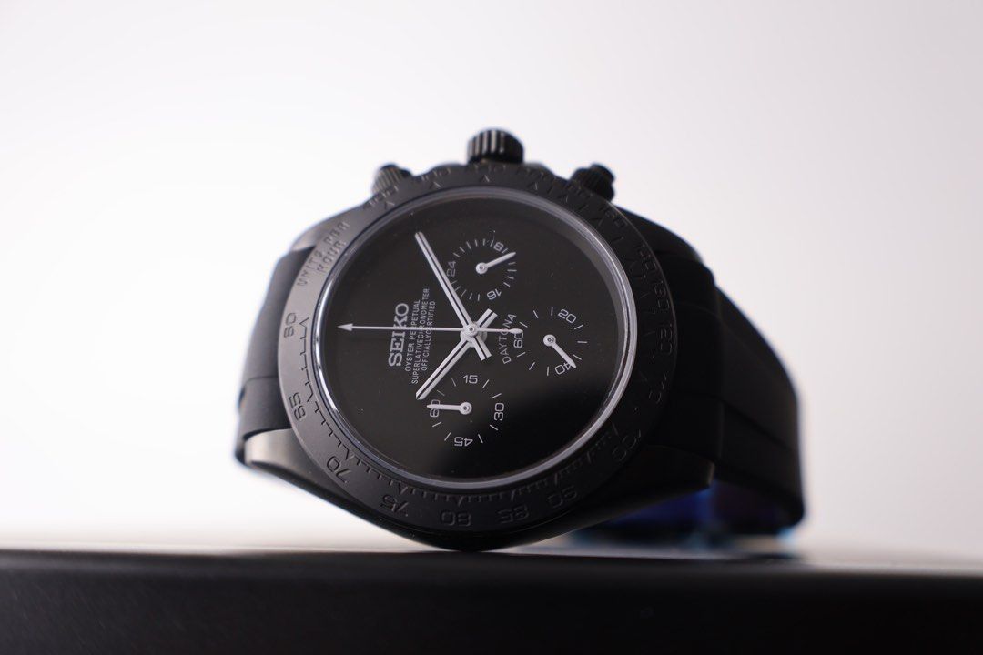 Seiko Stealth Daytona Watch Seiko Mod (Category: Luxury Watches) located in Quezon City. Submitted by mnl.chll (Listing ID 1328286539, Image 3). Description: Seiko Stealth Daytona Watch Case: Stainless steel Weight: 120g for comfortable wear Diameter: 40mm, balanced for most wrists Strap: Customizable (OYSTER/JUBILEE) Movement: VK63 Quartz Mode of Payment: BANK/GCASH A ₱2,000 down payment (DP) is required to confirm your order, with the remaining
