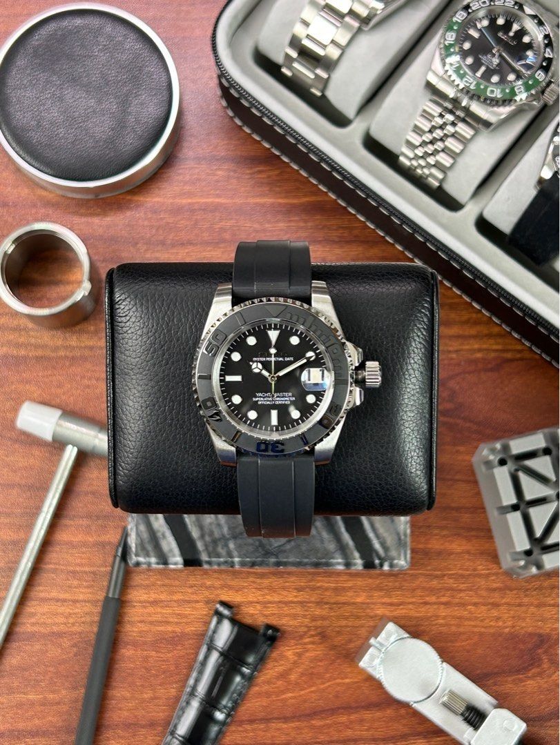 Seiko Yachtmaster Black Dial Watch Seiko Mod (Category: Luxury Watches) located in Quezon City. Submitted by mnl.chll (Listing ID 1328290694, Image 1). Description: Seiko Yachtmaster Black Dial Watch Case: Durable stainless Weight: 150g Diameter: 40mm Strap: Customizable (OYSTER/JUBILEE) Movement: Seiko NH35A Automatic Luminous: Yes Mode of Payment: BANK/GCASH A ₱1,000 down payment (DP) is required to confirm your order, with the remaining balanc