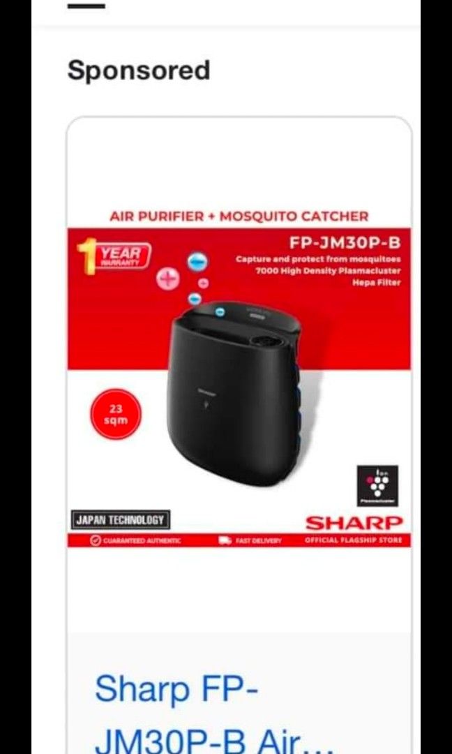 Sharp air purifier (Category: Other Home Furniture) located in Bulacan. Submitted by shopperscharm (Listing ID 1328411425, Image 2). Description: like new rfs: moving out.