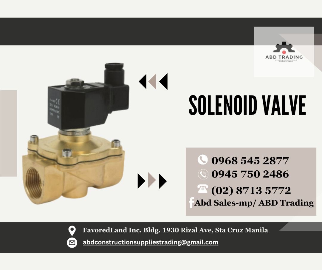SOLENOID VALVE (Category: Construction Tools & Equipment) located in Manila. Submitted by _abdtrading (Listing ID 1328325061, Image 1). Description: SOLENOID VALVE ABD CONSTRUCTION SUPPLIES TRADING Price is subject to change without prior notice DTI Registered & BIR Accredited 💯 -🛠️Machinery -🛠️Tools -🛠️Electrical -🛠️Industrial & Construction Materials -🛠️Fittings -🛠️Personal Protective Equipment 🚴-Pick up and Delivery OFFICE ADDRESS: Fav