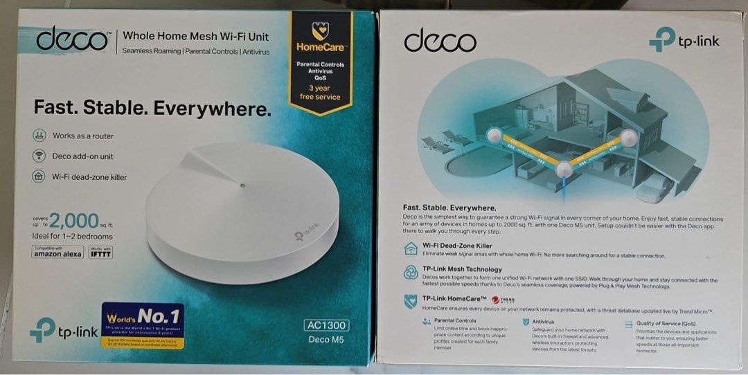 TP-LINK Deco M5 AC1300 Whole Mesh Wi-Fi System (1 Pack) (Category: Other Home Appliances) located in Quezon City. Submitted by clezzyy (Listing ID 1328318142, Image 1). Description: (5 pcs available) - Deco uses a system of units to achieve seamless whole-home Wi-Fi coverage — eliminate weak signal areas once and for all! - With advanced Deco Mesh Technology, units work together to form one unified whole-home network with the same network name. D