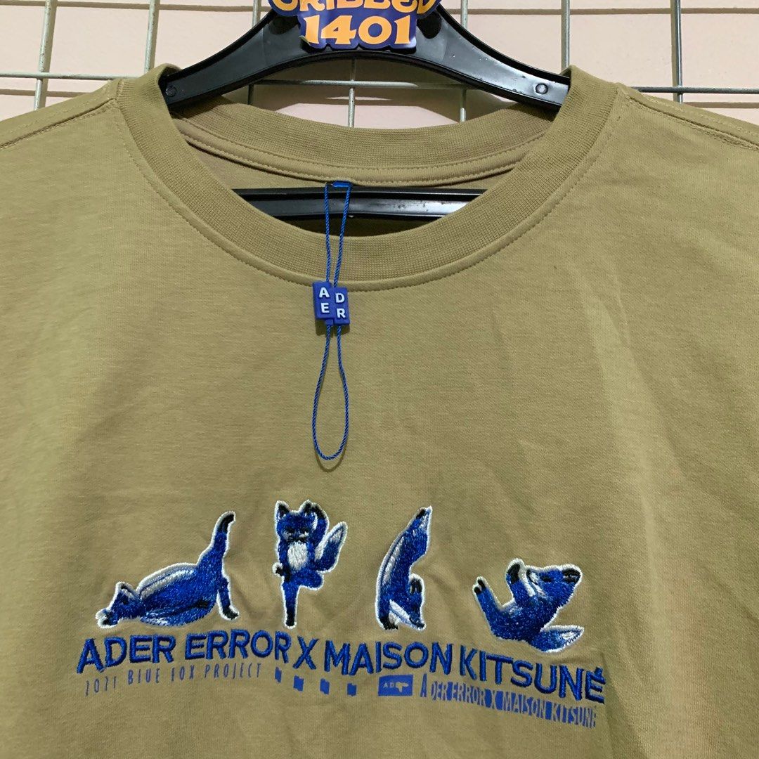 ader error x maison kitsune yoga blue fox tshirt, Fesyen