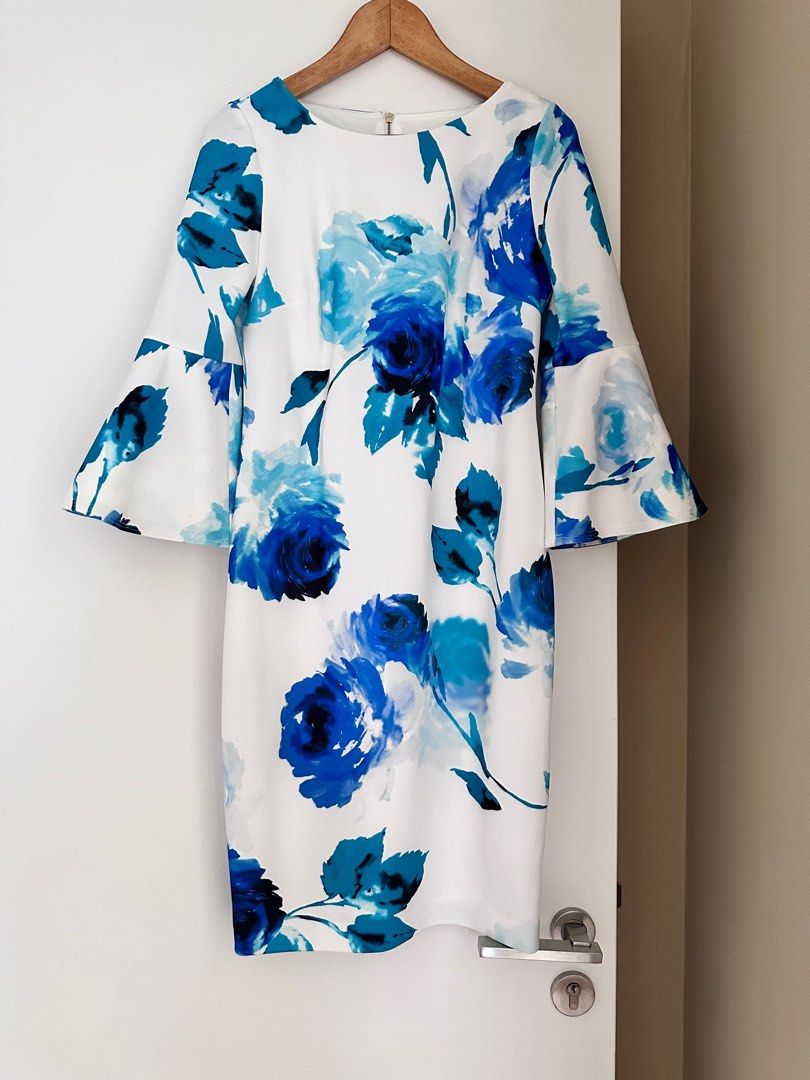 calvin klein white dress with blue flowers Zero-Waste White & Dusky Blue Floral Silhouette - M