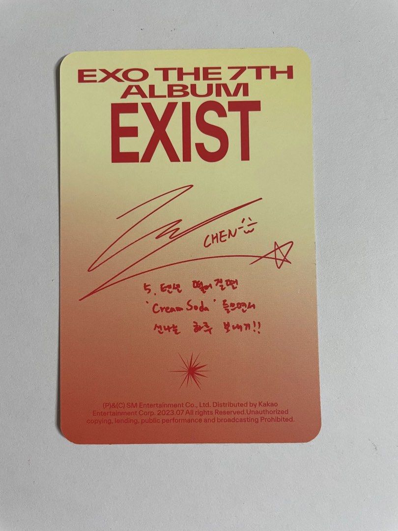 EXO CHEN - EXIST OFFICIAL ALBUM PHOTOCARD (SMINI VERSION) (Category: K-Wave Merchandise) located in Quezon City. Submitted by cornercandyshopkpop (Listing ID 1323665418, Image 2). Description: [WTS/LFB] [ON HAND] EXO Official Photocards 👉 Taken from EXO’s 7th album “Exist” (2023) Cream Soda 👉 SMini version 👉 CHEN selfie PC PHP 200 ONLY! ✅ Items are in good condition ✅ All items are official ✅ What you see is what you get 💌 Feel free to chat f