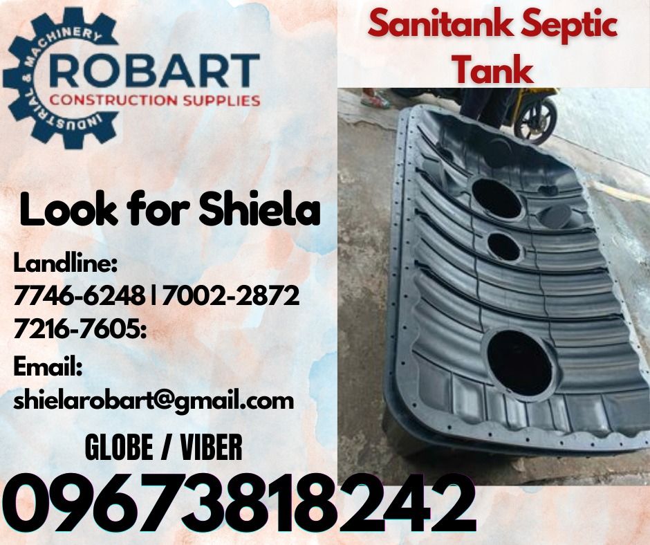 Sanitank Septic Tank (Category: Construction Tools & Equipment) located in Caloocan City. Submitted by shielaroba44709 (Listing ID 1323740992, Image 1). Description: Sanitank Septic Tank model: SNSP1000 size: 1000L 𝑹𝑶𝑩𝑨𝑹𝑻 𝑪𝑶𝑵𝑺𝑻𝑹𝑼𝑪𝑻𝑰𝑶𝑵 𝑺𝑼𝑷𝑷𝑳𝑰𝑬𝑺 Office Address: 1405 Yuseco St. Sta Cruz Manila SEND US MESSAGE FOR INQUIRIES ‼️ ‼️ Call: 09673818242 / 09662708845 Vibr - (09673818242) Landline: (𝟩𝟩𝟦𝟨-𝟨𝟤𝟦𝟪) / (𝟩𝟢𝟢𝟤-�