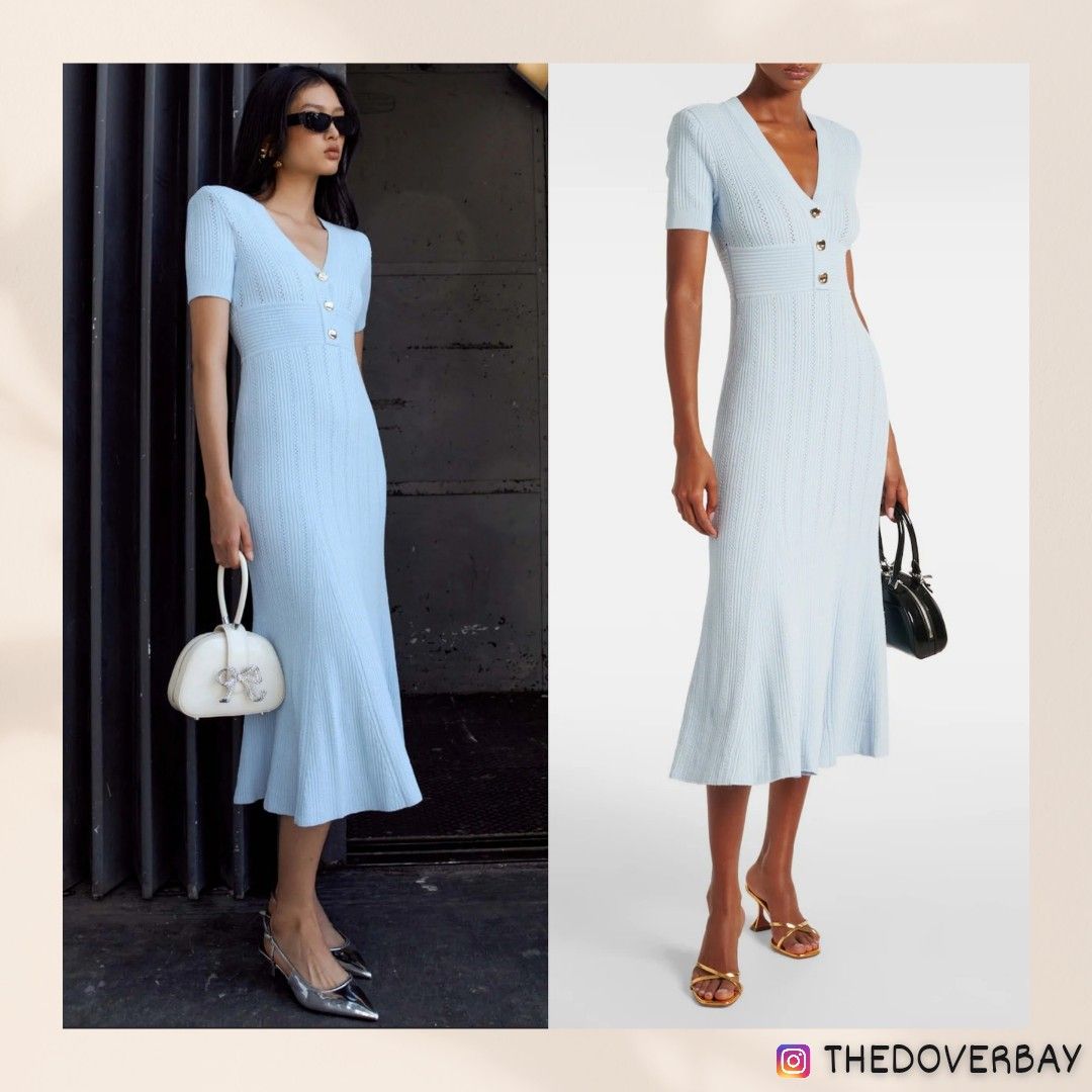 Self Portrait Pointelle Knit Midi Dress, Dusty baby blue, Women's