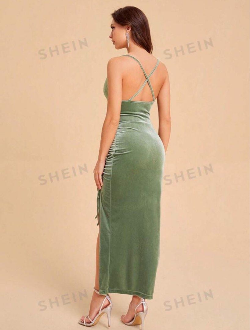 SHEIN Belle Solid Drawstring Ruched Velvet Dress - Green (Category: Dresses) located in Bulacan. Submitted by coolturedclothes (Listing ID 1323816819, Image 3). Description: Size: S (refer to last photo for actual measurements).
