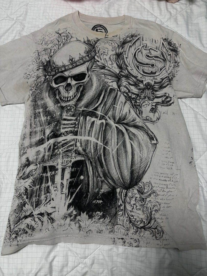 skull y2k grunge affliction like tee, Men's Fashion, Tops & Sets