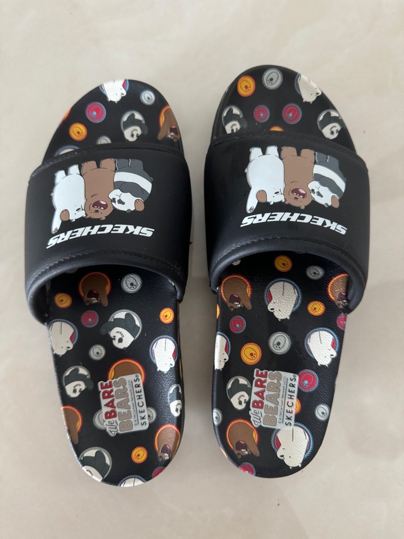 We Bare Bears Skechers Slides Slippers Black, Women's Fashion