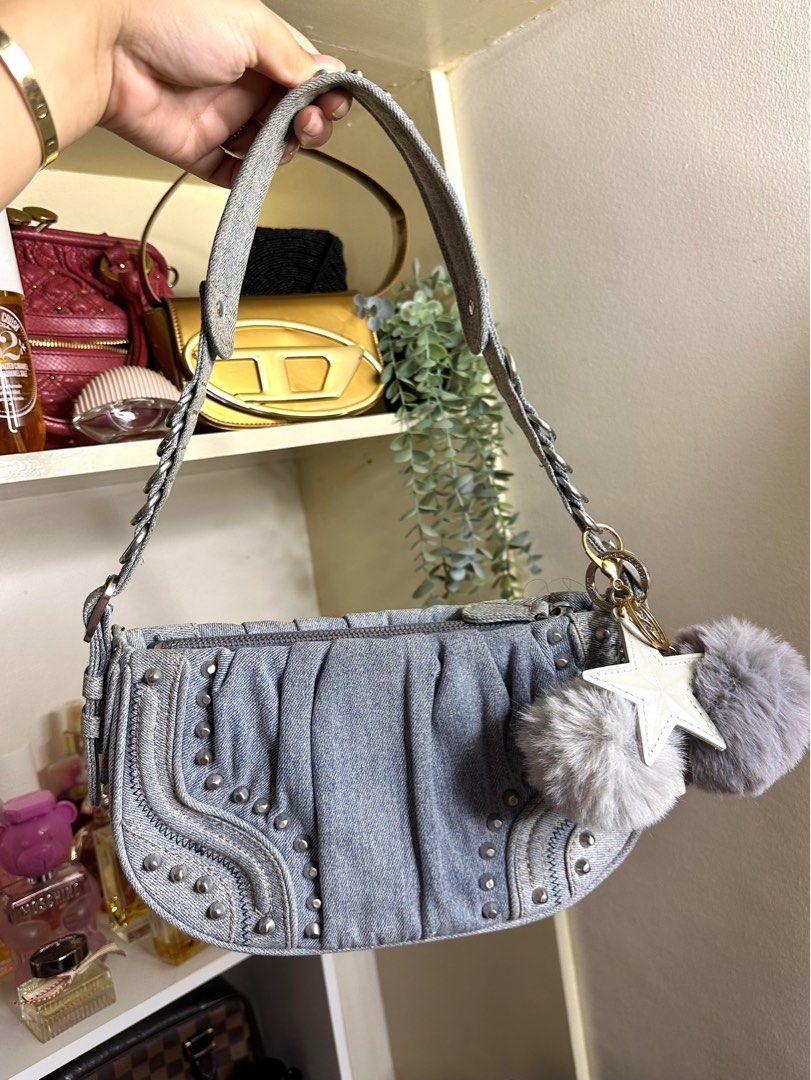 ZARA denim studded kili bag (Category: Shoulder Bags) located in Manila. Submitted by prelovedsoso (Listing ID 1323812930, Image 1). Description: Bought in the states for $65 (P3,386) selling for less than half its price Good as new, never worn outside. Brand new condition **bag charms are mine, nfs .