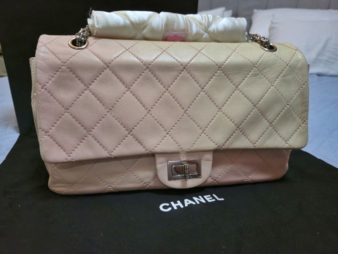 Chanel Reissue Jumbo 2.55 Ombre (Category: Luxury Bags & Wallets) located in Cainta. Submitted by joyyan21 (Listing ID 1323867143, Image 2). Description: Width (at base): 10.75" Height: 7.25" Depth: 3.25" Shoulder Strap Drop: 11.25" Type of Material: Lambskin Color: Beige & Blush Pink Origin: France Inclusions: • Box • Dust Bag • Authenticity Card.