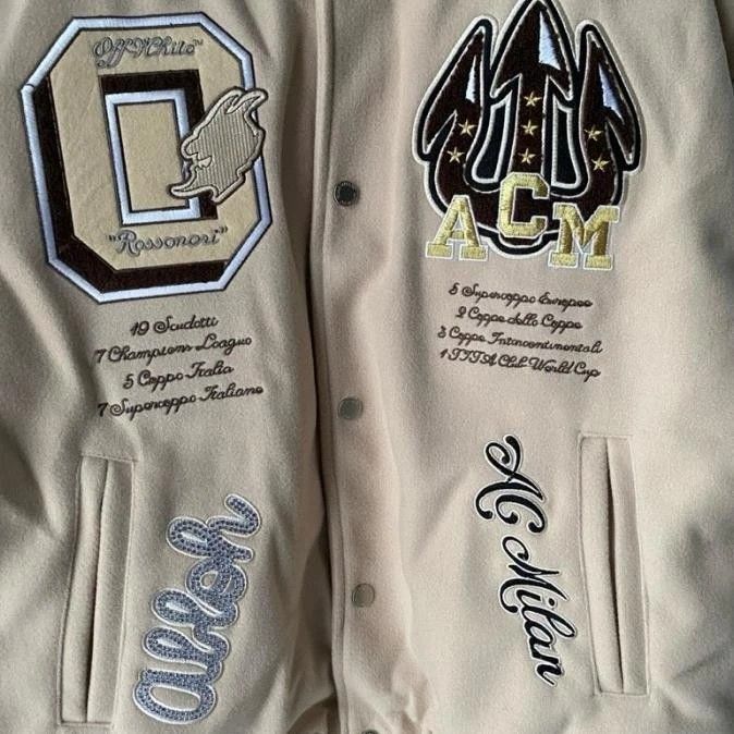 Jaket varsity off white, Fesyen Pria, Pakaian Baju Luaran di