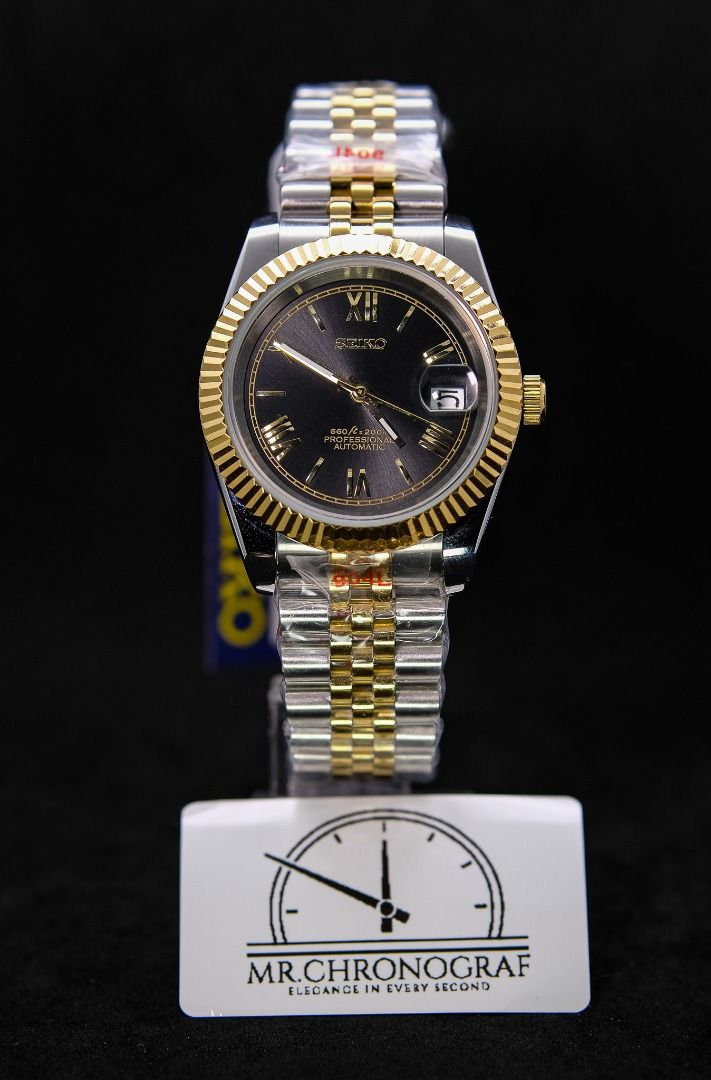 Seiko Mod Datejust Two-tone (Category: Luxury Watches) located in Manila. Submitted by rafael_lesaguis (Listing ID 1323928244, Image 1). Description: BRANDNEW (Never-yet-worn) Seiko Mod Datejust Two-tone Movement: Seiko NH35 Automatic Date Feature with hacking seconds and winding Two-tone Strap Dial: Datejust roman gold markers with date window Glass: Sapphire scratch resistant Hands: Datejust Timegrapher calibrated Seals and gaskets lubricated I